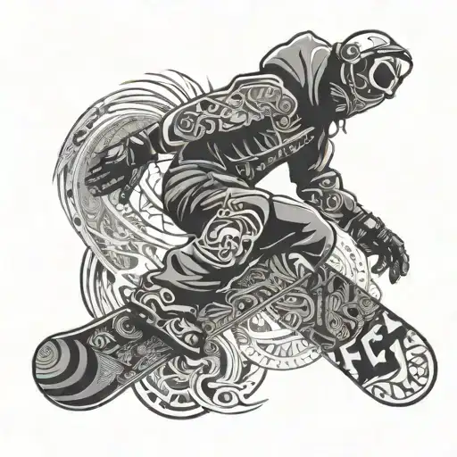 An intricate snowboard pattern incorporating IT symbols and graphics, representing a tech-savvy snowboarder tattoo design idea