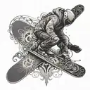 An intricate snowboard pattern incorporating IT symbols and graphics, representing a tech-savvy snowboarder tattoo design idea