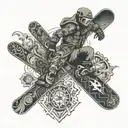 An intricate snowboard pattern incorporating IT symbols and graphics, representing a tech-savvy snowboarder tattoo design idea