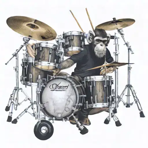 drummer with a monkey head, view from side on stage, playing standard drumset  tattoo design idea