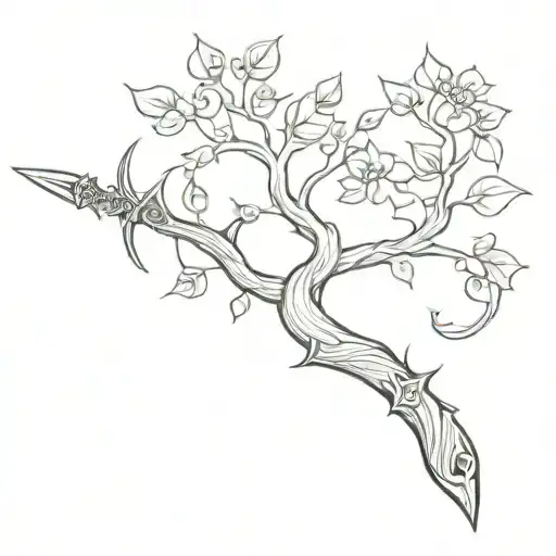 viking tree, flower and sword tattoo design idea
