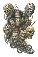 sleeve with characters from the horror film Jason, Freddy Krueger, Saw doll on a bicycle, Scream mask, Jeepers Creepers tattoo design idea