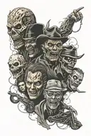 sleeve with characters from the horror film Jason, Freddy Krueger, Saw doll on a bicycle, Scream mask, Jeepers Creepers tattoo design idea