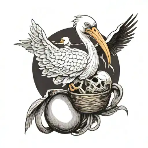 a white stork carrying a skull in a sling like it's a baby tattoo design idea