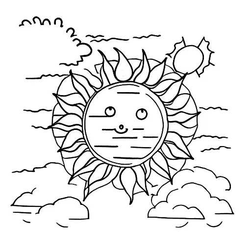 A minimalist tattoo design of a sun breaking through dark storm clouds, symbolizing love after pain tattoo design idea