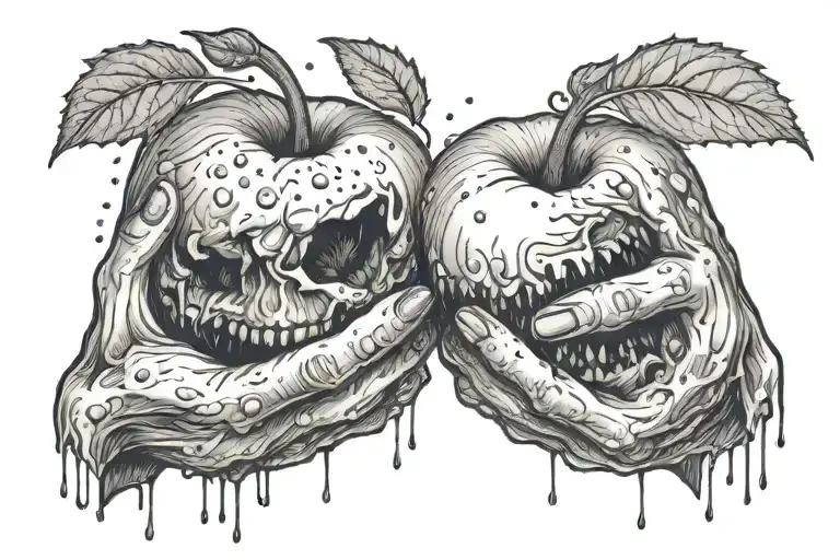 rotten apple core between two giving hands reaching tattoo design idea