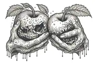 rotten apple core between two giving hands reaching tattoo design idea