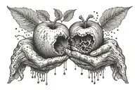 rotten apple core between two giving hands reaching tattoo design idea
