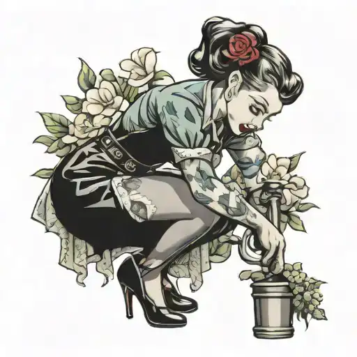 pin up girl bending over watering flowers growing tattoo design idea