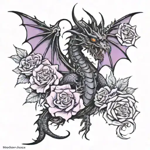 gothic black and purple dragon with roses tattoo design idea