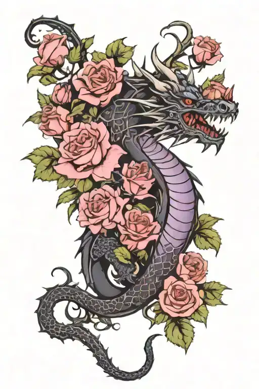 gothic black and purple dragon emerging with roses tattoo design idea