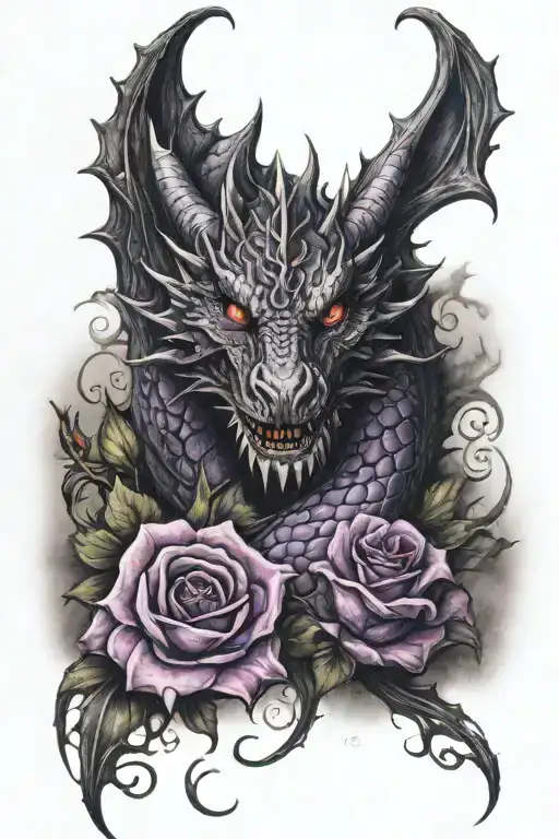 Gothic black and purple dragon with a rose  tattoo design idea