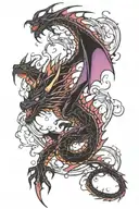 gothic black and purple dragon breathing fire tattoo design idea