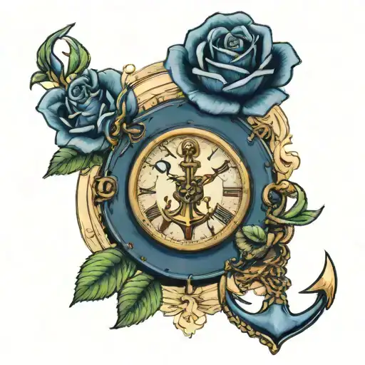 navy anchor, roses and a very small discreet pocket watch tattoo design idea