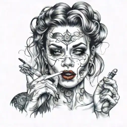 hauntingly beautiful portrait of a woman smoking crack, capturing the dangerous allure of the drug devil strangling her tattoo design idea