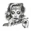 A hauntingly beautiful portrait of a woman smoking crack, capturing the dangerous allure of the drug starving obsession  tattoo design idea