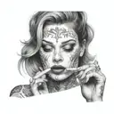 A hauntingly beautiful portrait of a woman smoking crack, capturing the dangerous allure of the drug starving obsession  tattoo design idea