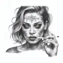 A hauntingly beautiful portrait of a woman smoking crack, capturing the dangerous allure of the drug starving obsession  tattoo design idea