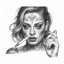 A hauntingly beautiful portrait of a woman smoking crack, capturing the dangerous allure of the drug starving obsession  tattoo design idea