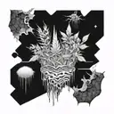 A surreal landscape with crack cocaine crystals growing like plants, merging the client's passion for drugs with a fantastical element tattoo design idea