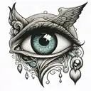 an eye with tear drops falling inside a heart with wings tattoo design idea
