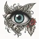 an eye with tear drops falling inside a heart with wings tattoo design idea