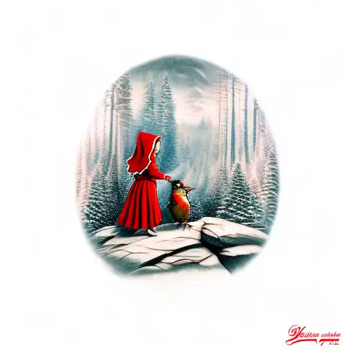 little red riding hood standing on a hill with a robin landing on her hand tattoo design idea