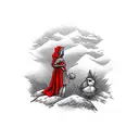 little red riding hood standing on a hill with a robin landing on her hand tattoo design idea