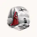 little red riding hood standing on a hill with a robin landing on her hand tattoo design idea