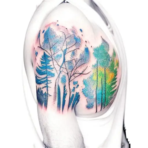 shoulder sleeve with trees fading into desert with night galaxy on top tattoo design idea