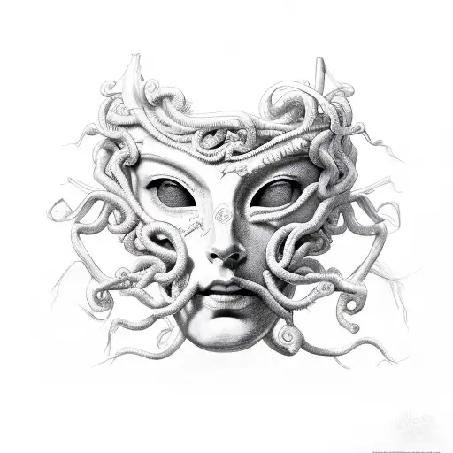 Sketch "Medusa Broken Mask" Tattoo Idea BlackInk AI