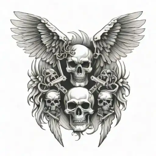 skeleton skulls good and evil wing demonic and angel chain knife tattoo design idea