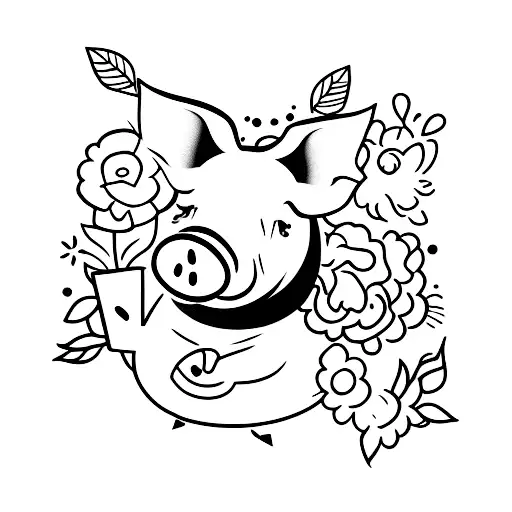 A pig surrounded by flowers tattoo design idea