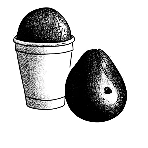 An avocado holding a coffee mug and a big coffee bean beside the avocado!  tattoo design idea