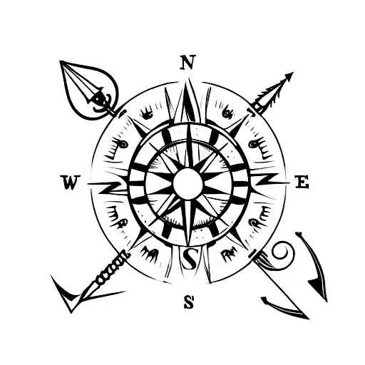compass with an anchor, feather & arrow tattoo design idea