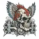 skull with a falling mohawk to the left and two pistons crossed like an X on the barkground  tattoo design idea