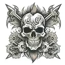 skull with a falling mohawk to the left and two pistons crossed like an X on the barkground  tattoo design idea