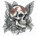 skull with a falling mohawk to the left and two pistons crossed like an X on the barkground  tattoo design idea