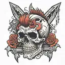 skull with a falling mohawk to the left and two pistons crossed like an X on the barkground  tattoo design idea
