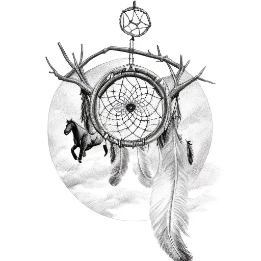 Dreamcatcher hanging from a tree branch with horses running below tattoo design idea