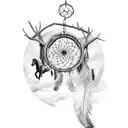 Dreamcatcher hanging from a tree branch with horses running below tattoo design idea