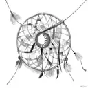 Dreamcatcher hanging from a tree branch with horses running below tattoo design idea