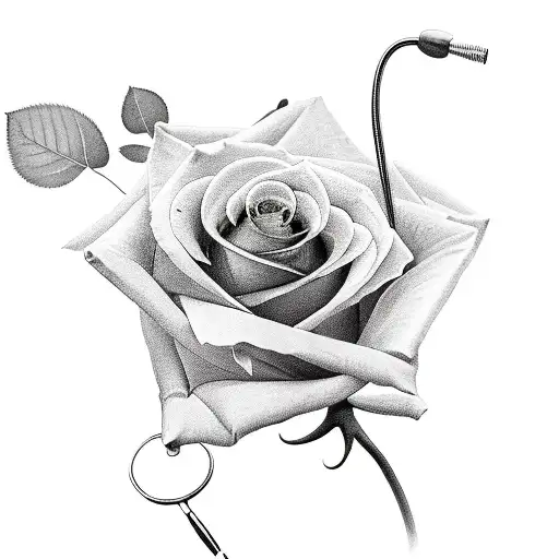 A realistic portrait of a rose intertwined with a stethoscope, symbolizing the client's love for both roses and their occupation as a nurse tattoo design idea