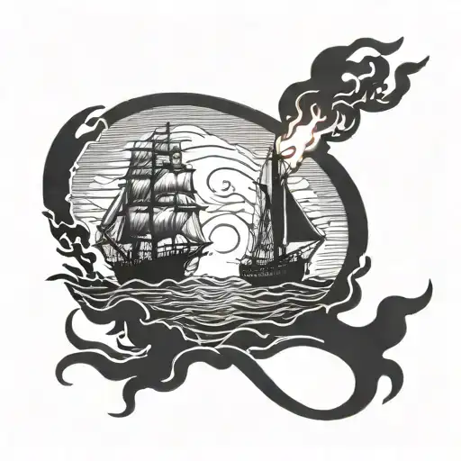 burning ship run aground with a silhouette of a man holding a lit torch stanfing in front of it tattoo design idea