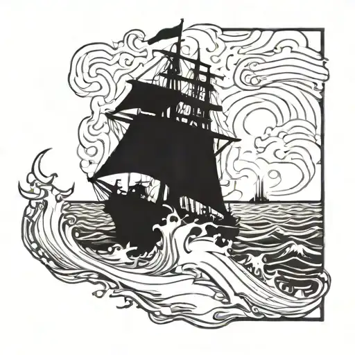 Burning ship run aground with a silhouette of a man holding a lit torch on front of it tattoo design idea