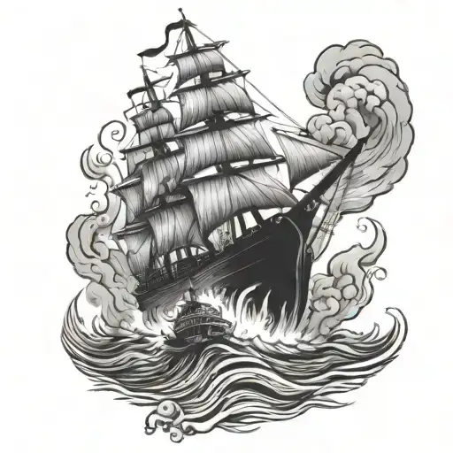 burning ship on land tattoo design idea