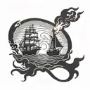 burning ship run aground with a silhouette of a man holding a lit torch stanfing in front of it tattoo design idea