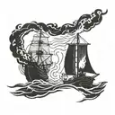 burning ship run aground with a silhouette of a man holding a lit torch stanfing in front of it tattoo design idea