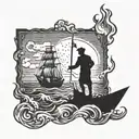 burning ship run aground with a silhouette of a man holding a lit torch stanfing in front of it tattoo design idea