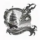 burning ship run aground with a silhouette of a man holding a lit torch stanfing in front of it tattoo design idea